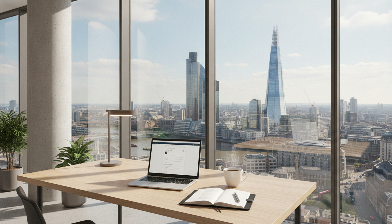 A photorealistic, high-resolution image of a modern, bright office desk in a London skyscraper. On the desk sits a sleek laptop, a cup of coffee, and a professional notebook. Through the large glass window in the background, the iconic London skyline including the Gherkin and the Shard is visible under a clear blue sky.