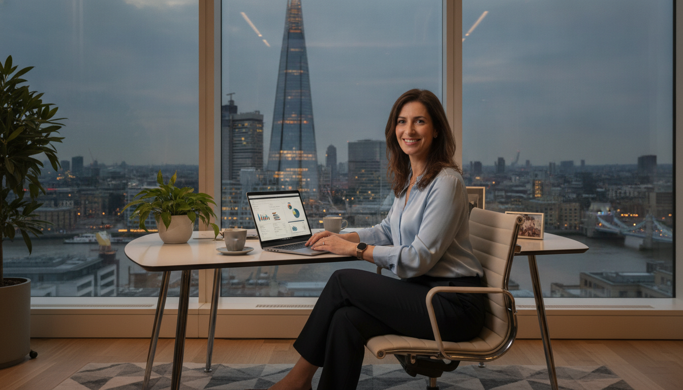 A professional expat entrepreneur sitting in a modern London office with a view of The Shard in the background, smiling while working on a sleek laptop, high-quality, photorealistic, cinematic lighting.