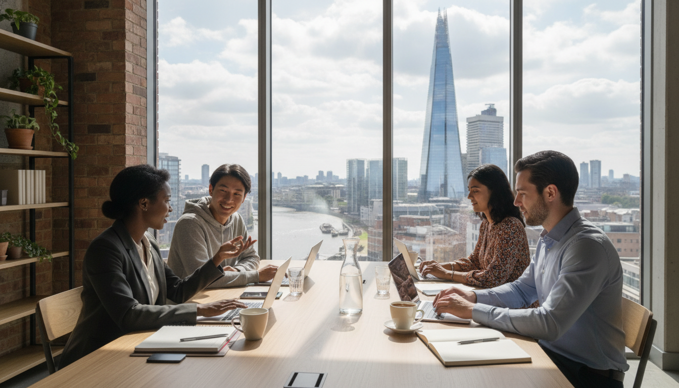 A diverse group of young entrepreneurs sitting in a modern, sunlit London coworking space with laptops, coffee cups, and a view of the Shard through a large window, photorealistic style, 8k resolution.