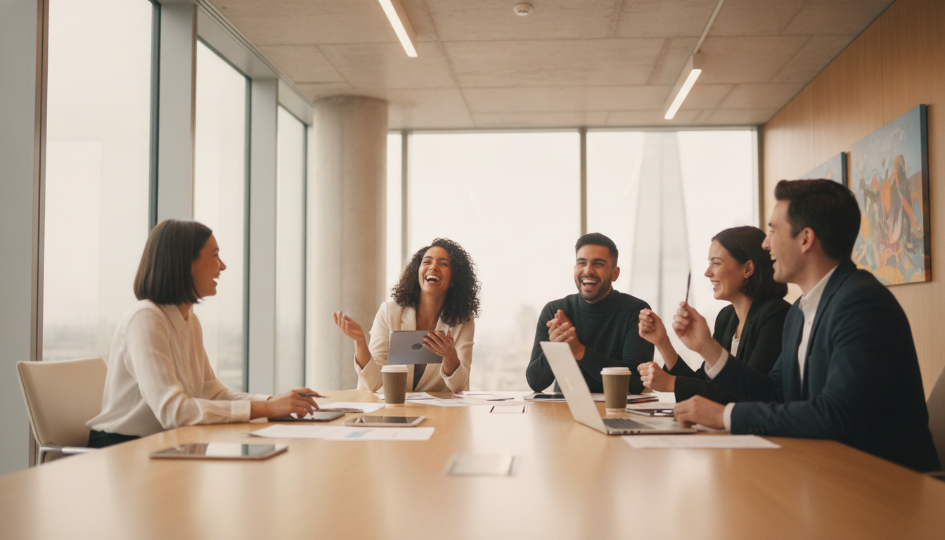 A professional and diverse team of young entrepreneurs laughing and collaborating in a bright, modern London office with large windows showing a blurry city skyline, photorealistic, high-quality photography, cinematic lighting.