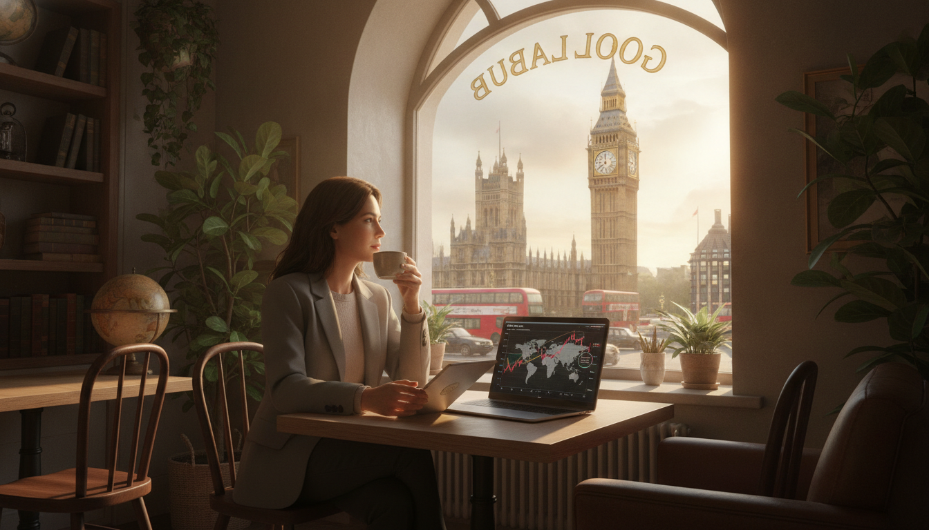 A photorealistic, high-quality image of a modern entrepreneur sitting in a cozy London cafe with a laptop, looking out at the Big Ben through a window, bright and airy atmosphere, representing global business success.