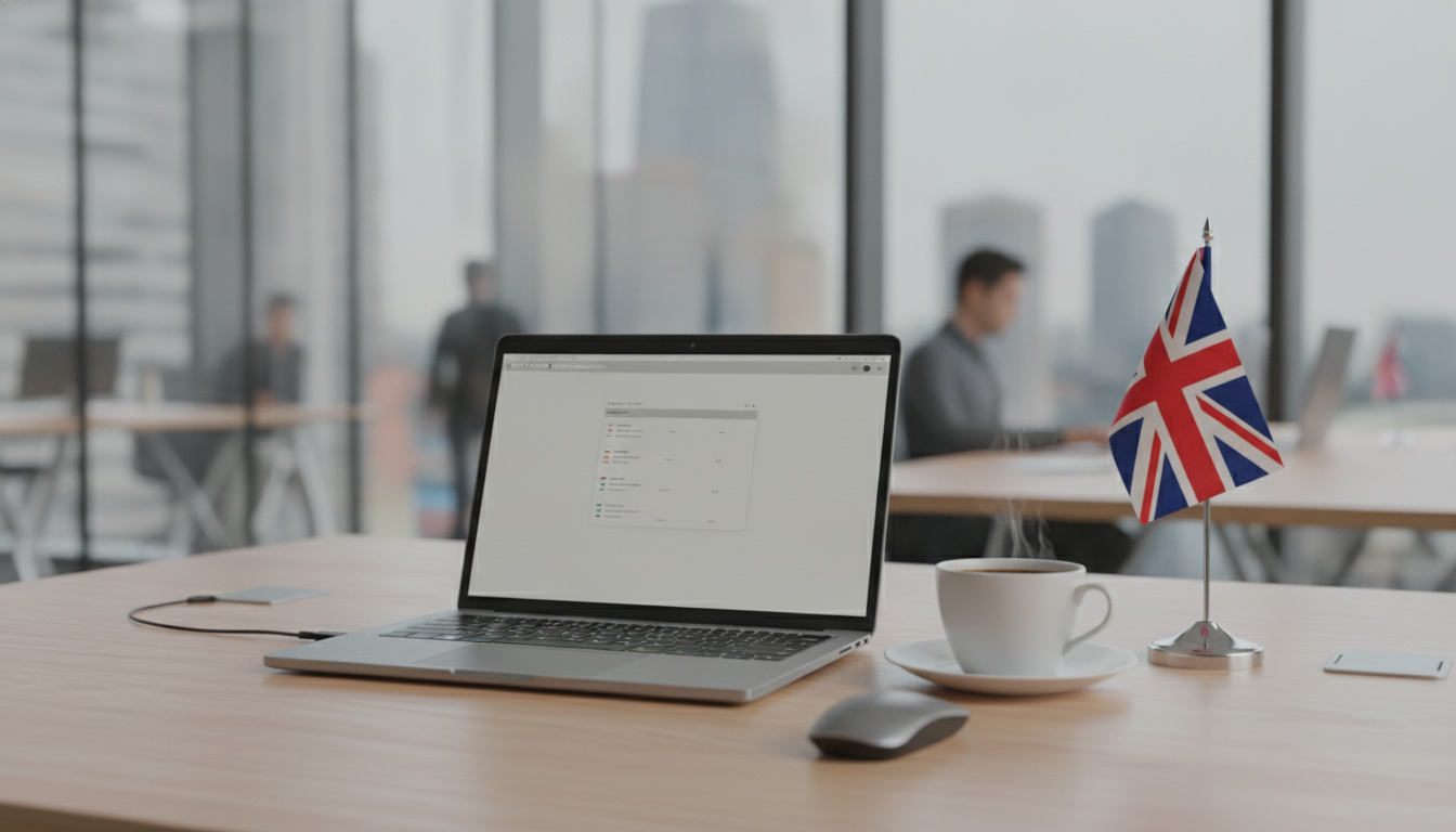 A professional and clean workspace featuring a laptop, a cup of coffee, and a small British flag on the desk, with a blurred background of a modern office, photorealistic.