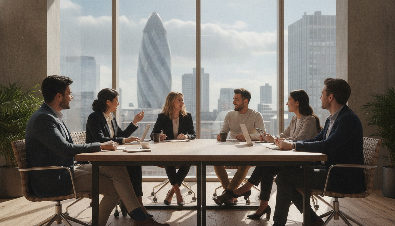 A diverse group of young professional entrepreneurs having a relaxed business meeting in a modern, sunlit co-working space in London with a view of the Gherkin building through the window, high-end photography, realistic textures, and natural lighting