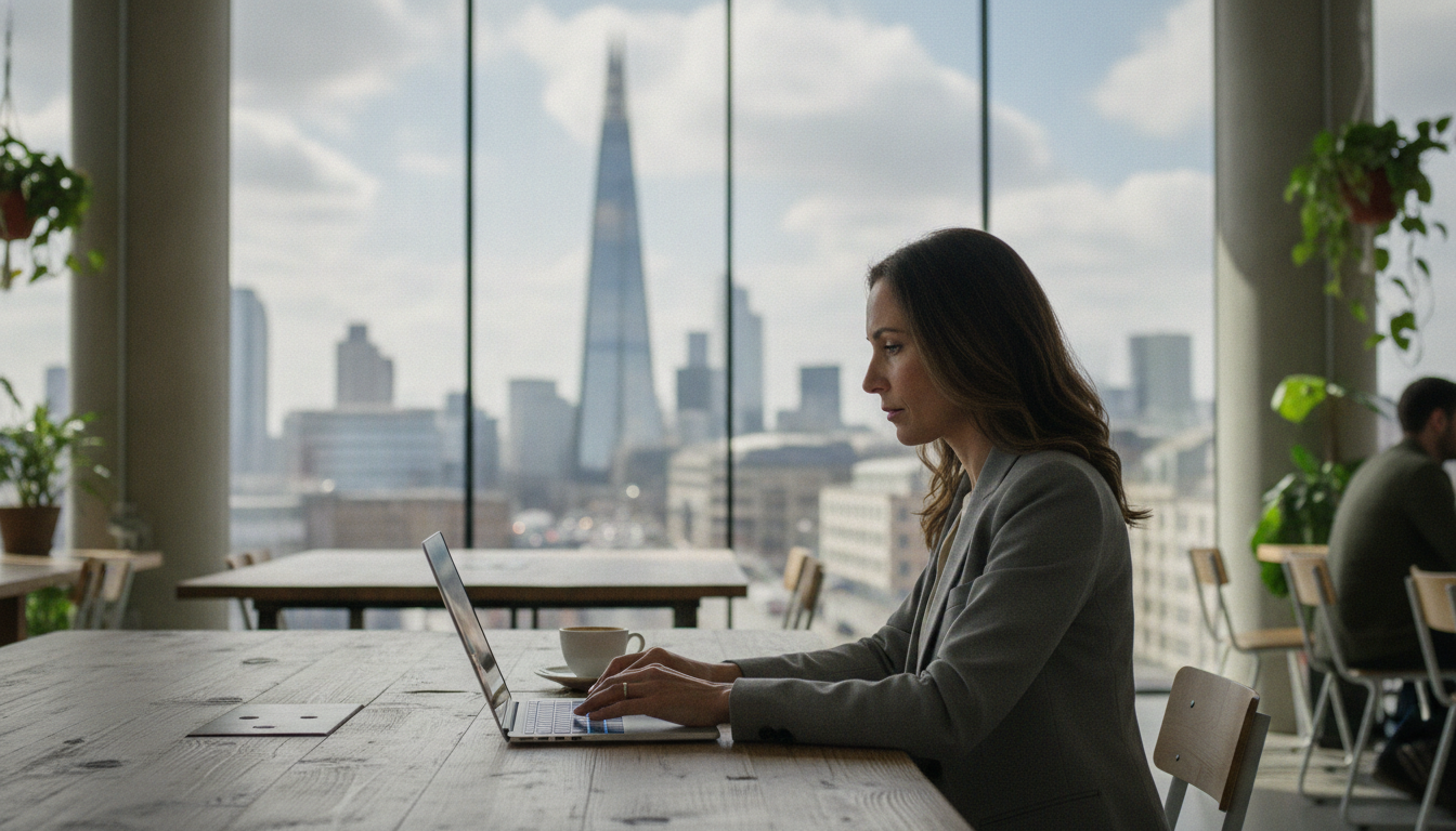 A professional expat entrepreneur working on a high-tech laptop in a modern, sunlit co-working space in London with a blurred view of the Shard and city skyline through a large glass window, photorealistic style, soft natural lighting, high resolution.