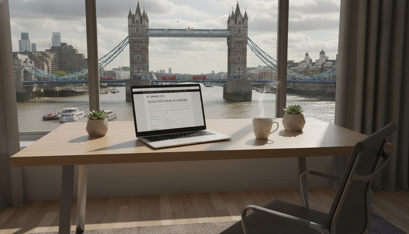 A high-quality, photorealistic image of a sleek, modern office desk in London with a laptop showing a business registration website, a cup of coffee, and a view of the Tower Bridge in the background.