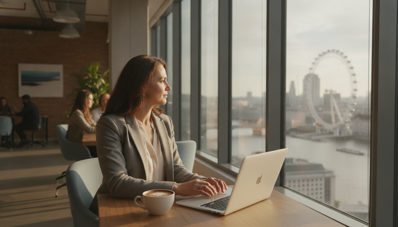 A professional expat entrepreneur sitting in a bright, modern London co-working space with a laptop and a cup of coffee, looking out a large window at the London eye and the city skyline, highly detailed, photorealistic, cinematic lighting, 8k resolution.